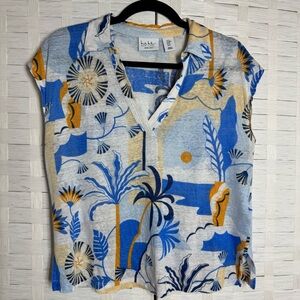 Nicole Miller Linen Collared V-Neck Cap Sleeve Blue Tropical Top Size Medium